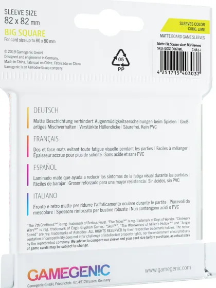 Gamegenic Matte Board Game Sleeves - Lime 82 x 82 mm (50 stuks)