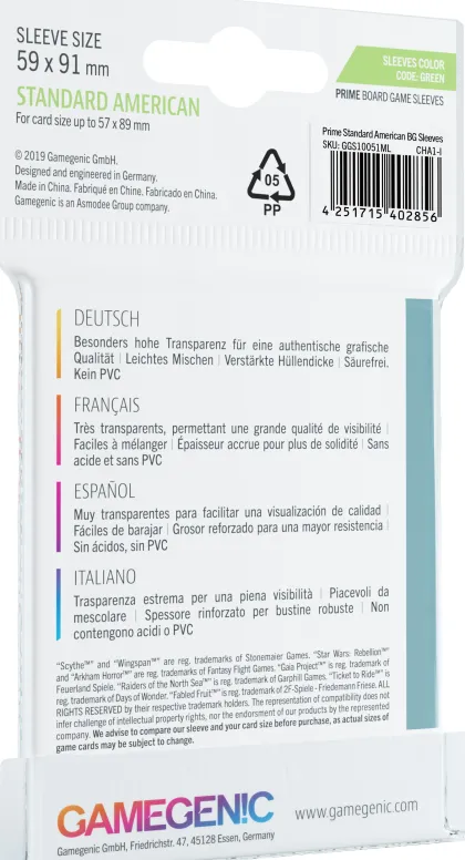 Gamegenic Prime Board Game Sleeves - Green 59 x 91 mm (50 stuks)