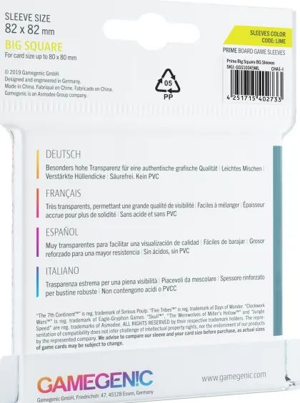 Gamegenic Prime Board Game Sleeves - Lime 82 x 82 mm (50 stuks)