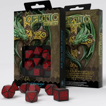 Q-Workshop - Celtic 3D Revised RPG Dice Set: Black & Red (7-delig)