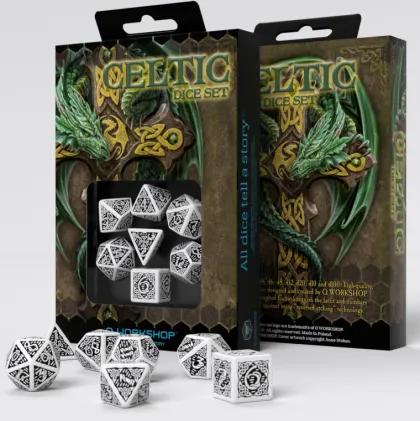 Q-Workshop - Celtic 3D Revised RPG Dice Set: White & Black (7-delig)